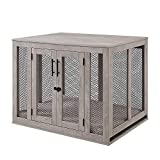 unipaws Furniture Style Dog Crate with Cushion and Tray, Mesh Dog Kennels with Double Doors, End Table Dog House, Medium and Large Crate Indoor Use (Large, Grey)