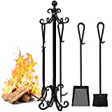 Amagabeli 5 Pieces Scroll Fireplace Tools Cast Iron Indoor Firewood Tools with Log Holder Outdoor Fireset Pit Stand Large Tongs Shovel Antique Broom Chimney Poker Wood Stove Hearth Accessories Black