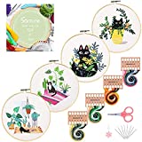 Santune 4 Pack Embroidery kit with Patterns and Instructions for Beginners Cross Stitch Kits for Adults,with 4 Embroidery Clothes with Plant Cat Pattern,2 Embroidery Hoops, Color Threads and Needles