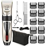 Yabife Dog Clippers, USB Rechargeable Cordless Dog Grooming Kit, Electric Pets Hair Trimmers Shaver Shears for Dogs and Cats, Quiet, Washable, with LED Display (Gold)