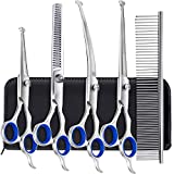 Gimars 6 in 1 Professional 4CR Stainless Steel Safety Round Tip Dog Grooming Scissors Kit, Heavy Duty Titanium Coated Straight & Thinning & Curved Shears & Comb Set for Dog & Cat Grooming