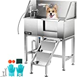 VEVOR Pet Grooming Tub, Stainless Steel Dog Wash Station Pet Washing Station 34' Dog Washing Station Water-Resistant Grooming Tub for Dogs with Removable Door & Ladder on The Right