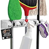 Gorilla Grip Mop and Broom Holder, Easy Install Wall Mount Storage Rack, Organize Cleaning Supplies, Garden Tools, Organizer for Home Kitchen, Garage Closet, Pantry Laundry Room, 5 Slot 6 Hooks, White