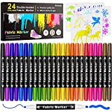 Fabric Markers Pen, Emooqi 24 Colors Fabric Paint Art Marker Set Double-Ended Fabric Markers with Chisel Point and Fine Point Tips, Child Safe & Non-Toxic