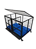 Folding 43' Double Door Removable Divider Black, Open Top Heavy Duty Dog Pet Cage Kennel w/Trays, Floor Grid, Blue Plastic Floor Grid and Casters