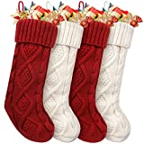 HOMEBROS Christmas Stockings, 4 Packs Large Christmas Stockings 18 Inches Classic Cable Knitted Christmas Stockings Ivory White and Burgundy for Family Xmas Holiday Party Decoration