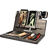Barva Wood Docking Station Tray Two Cell Phone 2 Smartwatch Key Holder Men Charging Accessory Nightstand Father Mobile Gadget EDC Organizer Tablet Storage Dresser Anniversary Birthday Graduation Gift