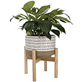 Large Ceramic Plant Pot with Stand - 9.4 Inch Modern Cylinder Indoor Planter with Drainage Hole for Snake Plants, Fiddle Fig Tree, Artificial Plants, Beige & White