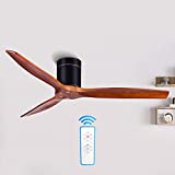 52' Noiseless Wood Ceiling Fan with Remote, 6 Speeds Low Profile Ceiling fan without Light, Moisture-proof Wood Flush Mount Ceiling Fan for Outdoor, Farmhouse, Bedroom, Living Room, Kitchen
