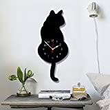 Ukey Wall Clock Creative DIY Cat Acrylic Wall Clock with Swing Tail Pendulum for Living Room Bedroom Kitchen Home Décor - Battery Not Included (42CM x 18CM) Black