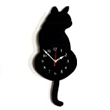 Artensky Wall Clock Acrylic Modern Cute Cat Clock Shaking Tail Home Decor Move Silence (Black)