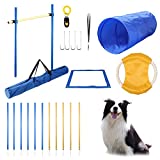 Yiotl Dog Agility Equipment Set, 30 Pcs Outdoor Dog Obstacle Training Course Kit, Including Frisbee, Pause Box, 2 Tunnel, Adjustable Hurdles, 8 Weave Poles, Whistle, Carrying Bag