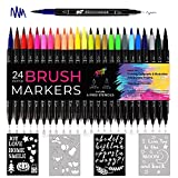 Dual Tip Brush Marker Pens By Vaci Markers Set of 24 Fineliners Art Markers Water Based Highlighters Brush for Coloring Book, Lettering, Calligraphy, Manga, Bullet Journal + 4 Drawing Stencils
