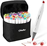 Ohuhu Alcohol Brush Markers, Double Tipped Sketch Markers for Kids, Artist Art Markers, Adults Coloring and Illustration, 72 Unique Colors + 1 Alcohol Marker Blender + Marker Case, Chisel & Brush Tip