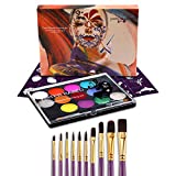 FANICEA 15 Colors Professional Face Body Paint Set with 10 Purple Brushes, 2 Art Brushes and 4 Pcs Tattoo Stencil Flash Bright Colors Glittering Water Soluble Body Paint Oil Makeup Kit for Art Party