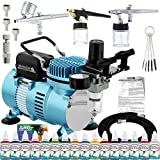 Master Airbrush Professional Airbrushing System Kit - 3 Airbrushes, 16 Color Water-Based Face & Body Art Paint Set, Cool Runner II Dual Fan Air Compressor - Washable Temporary Tattoo, How to Guide
