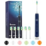 7am2m Sonic Electric Toothbrush with 6 Brush Heads for Adults and Kids, Wireless Fast Charge, One Charge for 60 Days,5 Modes with 2 Minutes Build in Smart Timer, Electric Toothbrushes(Navy Blue)