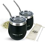 Here & Now Yerba Mate Cup and Bombilla Set | 2 Mate Gourds, Spill Resistant Lids, & Mate Straws | Bombilla Brush & Pouch Included | Yerba Mate Gourd Kit with Bombilla Mate & Mate Tea Cups (Black)
