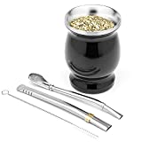 BALIBETOV Mate Cup And Bombilla Set - Yerba Mate set Includes One Yerba Mate Cup, Two Bombilla Mate (Straw) and Brush - Stainless Steel Double-Wall | Easy to Clean Yerba Mate Gourd (Black)