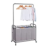 STORAGE MANIAC Laundry Sorter with Hanging Bar, Laundry Hamper Cart with Heavy Duty Rolling Lockable Wheels and Removable Bags, Rolling Laundry Basket Organizer, 4 Section