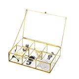 Feyarl Gold Clear Glass Box Metal Jewelry Trinket Shadow Box Tea Bags Box CounterTop Collection Display Case Holder 6 Compartment Decorative Makeup Organizer with Lid