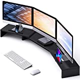 LORYERGO Triple Monitor Stand - Dual Monitor Stand w/ 2 Slots for Phone & Tablet, Length and Angle Adjustable Monitor Riser, Laptop Stand for Computer, Screen, Tablet – LEMS18