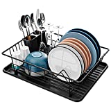 Dish Drying Rack, GSlife Small Dish Rack with Tray Compact Dish Drainer for Kitchen Counter Cabinet, Black