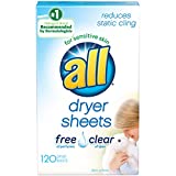 All Fabric Softener Dryer Sheets for Sensitive Skin, Free Clear, 120 Count