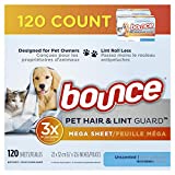 Bounce Pet Hair and Lint Guard Mega Dryer Sheets for Laundry, Fabric Softener with 3X Pet Hair Fighters, Unscented, Hypoallergenic, 120 Count