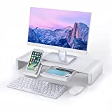 Computer Monitor Stand, Foldable Monitor Stand Riser, Computer Stand with Storage Drawer & Phone Stand for Computer, Desktop, Laptop, Save Space (White)