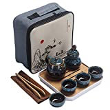 Ceramic Kungfu Tea Set,Portable Travel Tea Set with Teapot,Teacups,Tea Canister,Tea Tray and Travel Bag,Suitable for Travel, Home,Outdoor and Office (Blue)