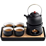 Black Glazed Tea Set, Ceramic Tea Cup Set with Double Bamboo Tray and Teapot Warmer, Special Clay Texture (Black)