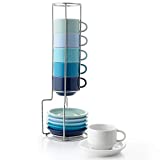 Sweese 404.003 Porcelain Stackable Espresso Cups with Saucers and Metal Stand - 2.5 Ounce for Specialty Coffee Drinks, Latte, Cafe Mocha and Tea - Set of 6, Multicolor, Cool Assorted Colors