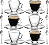 Espresso Cups, 3.2 oz Small Demitasse Clear Glass Espresso Drinkware, Set Of Cups, Saucers and Stainless Steel mini Spoons + Free Glass Spoons (set of 6)