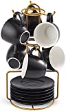 YHOSSEUN 3 Ounces Espresso Cups with Saucers Set, Porcelain Coffee Cups and Metal Stand Demitasse Cups for Espresso, Latte, Cafe Mocha, Cappuccino and Tea, Set of 6, Black