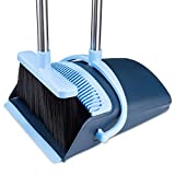 Broom and Dustpan Set 2021 Outdoor Or Indoor Broom Dust Pan 3 Foot Angle Heavy Push Combo Upright Long Handle for Kids Garden Pet Dog Hair Lobby Wood Floor Sweeping Kitchen House (Blue)
