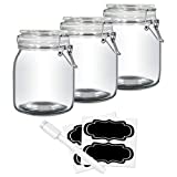 YEBODA 32oz Food Storage Canister Glass Jars with Clamp Airtight Lids and Silicone Gaskets for Multi-Purpose Kitchen Containers - Clear Square (3 Pack)