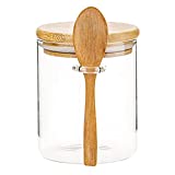 15Oz/420ML Clear Glass Storage Canister with Wooden Spoon, Airtight Bamboo Lid Sealed Glass Kitchen Food Container Jar with Scoop for Bath Salt Holder,Sugar,Spice,Coffee,Matcha Tea,Condiment,Pepper