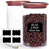 Tzerotone Glass Coffee Bean Storage Containers,2 Piece 60oz Thicken Airtight Food Canisters with Acacia Lid and Labels,Stackable Large Glass Jar for Ground Coffee, Rice, Cookie, Tea, Flour, Sugar