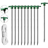 Eurmax USA Galvanized Non-Rust Camping Family Tent Pop Up Tent Stakes Heavy Duty 10pc-Pack, with 4x10ft Ropes & 1 Green Stopper