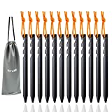 Aluminum Tent Stakes Pegs, 12-Pack Aluminum Ground Pegs with Reflective Pull Ropes, Heavy Duty Tri-Beam Metal Stakes Pegs for Backpacking Camping Tents Hammocks and Canopy (Black)