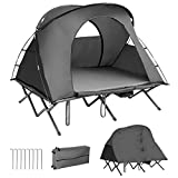 Tangkula 2-Person Camping Tent Cot, 4-in-1 Folding Tent W/Waterproof Cover, Self-Inflating Mattress & Roller Carrying Bag, Portable Elevated Tent W/Shoe Storage Pocket & Lamp Hook (Grey)