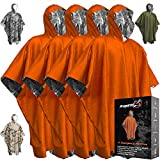 Emergency Blankets & Rain Poncho Hybrid Survival Gear and Equipment – Tough, Waterproof Camping Gear Outdoor Blanket – Retains 90% of Heat + Reflective Side for Increased Visibility – 4 Pack (Orange)