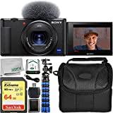 Sony ZV-1 Digital Camera (Black) with Streamer/Vlogging Kit. Includes: SanDisk Extreme 64GB Card, 12” Grispter Tripod, Carrying Case, and More.