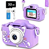 Goopow Kids Selfie Camera, Christmas Birthday Gifts for Girls Age 3-9, Digital Video Cameras for Toddler, Portable Toy for 3 4 5 6 7 8 9 Year Old Girl with 32GB SD Card (Purple-Cat)