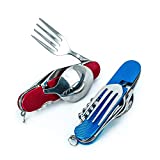 6-in-1 Multi-Function Camping Utensil Flatware Set Detachable Spoon Fork Knife Combo Mess Kit with Carrying Pouch (Blue + Red)