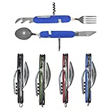 UNCLE JAKE 4 Set 6-in-1 Camping Utensil Stainless Steel Fork Knife Spoon Bottle Opener, Travel Cutlery Hobo Set with both hands