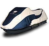 EliteShield Waterproof Trailerable Jet Ski Cover 600D Solution-Dyed Polyester Fits PWC from 136'-145'(3 Seater) Two Tone Navy/Grey