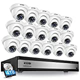 ZOSI H.265+ 1080p 16 Channel Security Camera System,16 Channel CCTV DVR with Hard Drive 4TB and 16 x 1080p Indoor Outdoor Dome Camera, 80ft Night Vision, 105° View Angle, Remote Control, Alert Push