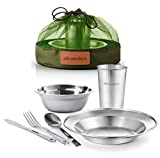 Unique Complete Messware Kit Polished Stainless Steel Dishes Set| Tableware| Dinnerware| Camping| Includes - Cups | Plates| Bowls| Cutlery| Comes in Mesh Bags (Single Person Green)
